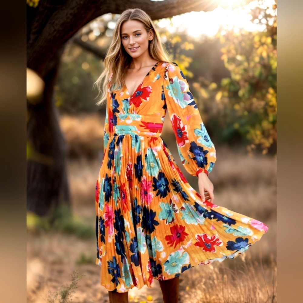 Nwot Chicwish Orange w/ Muliticolor Vneck Floral Long Sleeve Pleated Midi Dress